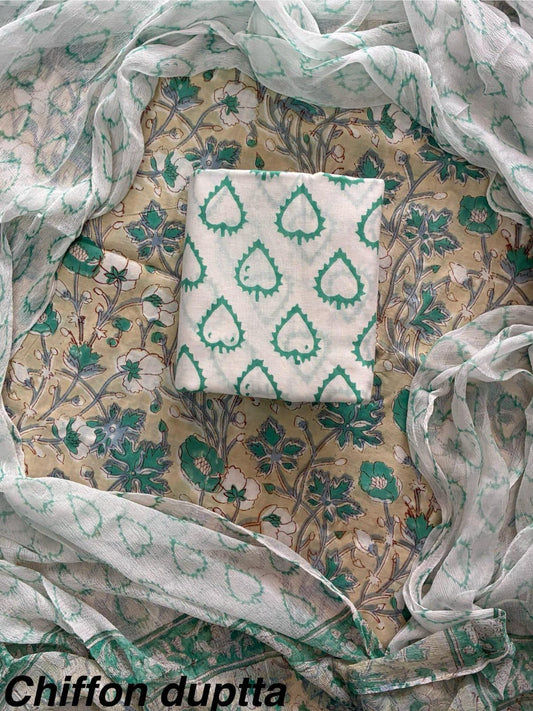New Premium Hand Block Print Cotton Suit Set with Chiffon Dupatta(WACFCOTMU15)