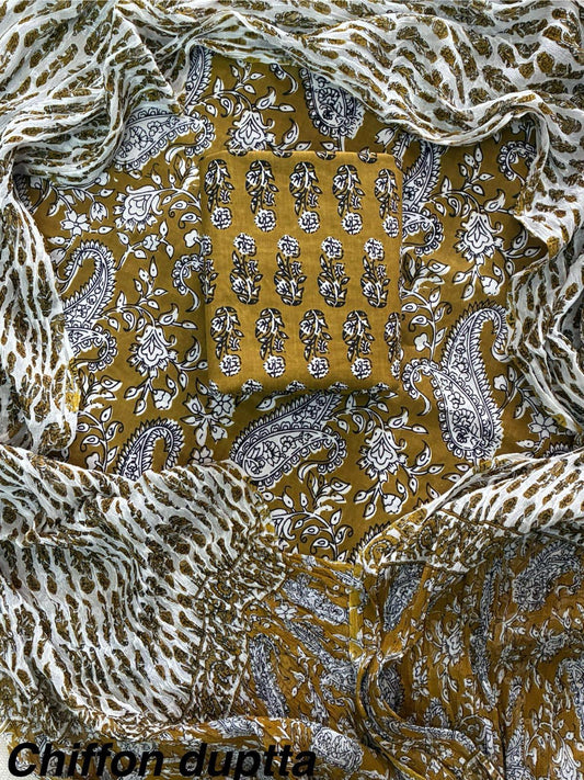 New Premium Hand Block Print Cotton Suit Set with Chiffon Dupatta(WACFCOTMU14)
