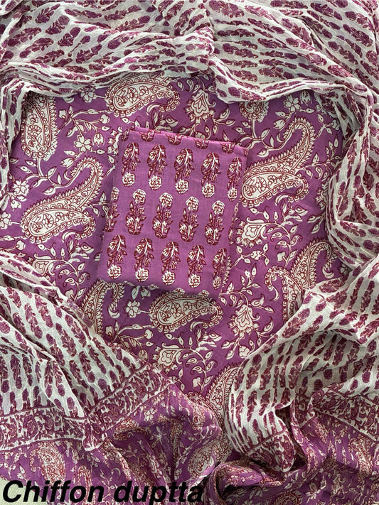 ELEGANT HAND BLOCK PRINT COTTON SUIT SET WITH CHIFFON DUPATTA(WACFCOTMU16)