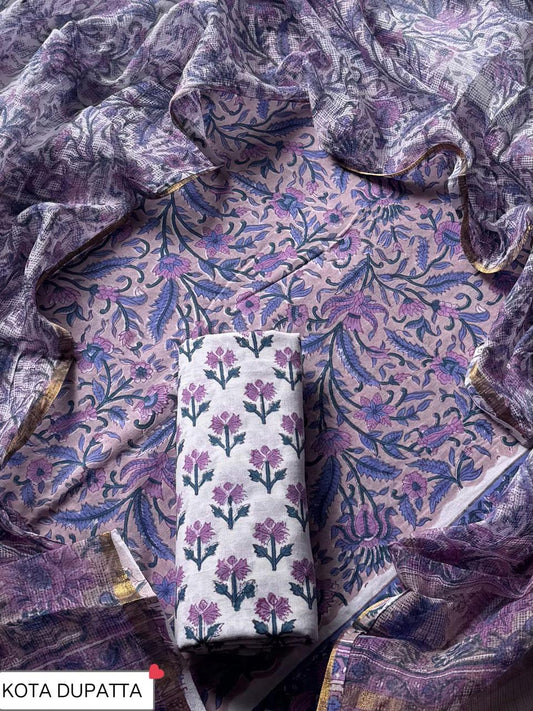 Suits Wala Hand Block Print Cotton Suit Set with Kota Doria Dupatta(WAKOTMU03)