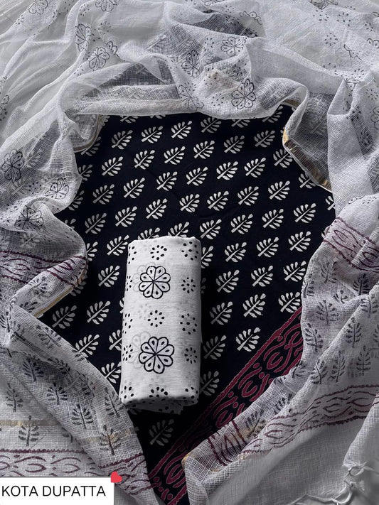 DESIGNER HAND BLOCK PRINT COTTON SUIT SET WITH KOTA DORIA DUPATTA(WAKOTMU04)
