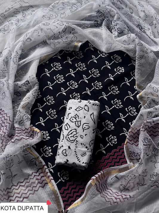 DESIGNER HAND BLOCK PRINT COTTON SUIT SET WITH KOTA DORIA DUPATTA(WAKOTMU06)
