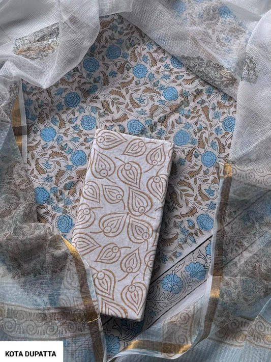 DESIGNER HAND BLOCK PRINT COTTON SUIT SET WITH KOTA DORIA DUPATTA(WAKOTMU07)