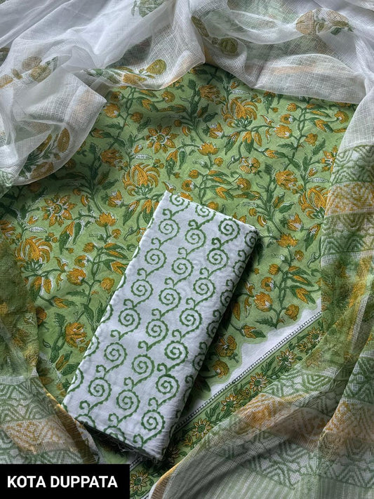 DESIGNER HAND BLOCK PRINT COTTON SUIT SET WITH KOTA DORIA DUPATTA(WAKOTMU09)