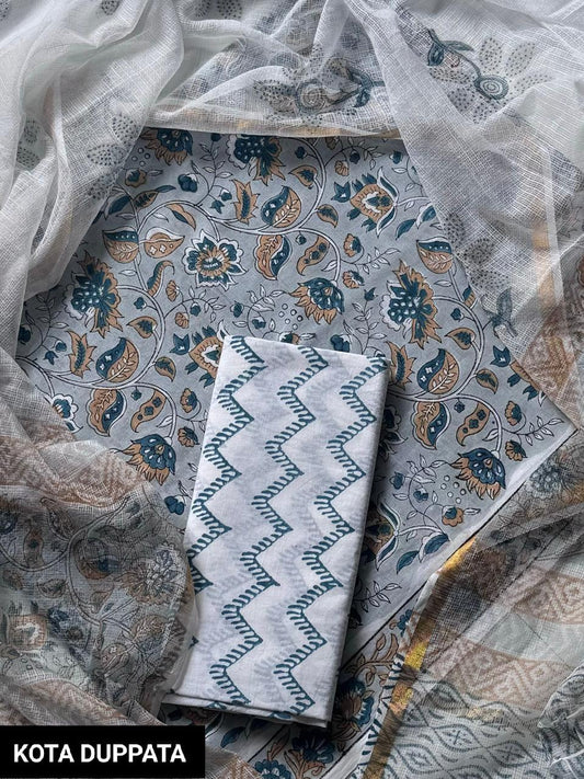 DESIGNER HAND BLOCK PRINT COTTON SUIT SET WITH KOTA DORIA DUPATTA(WAKOTMU10)