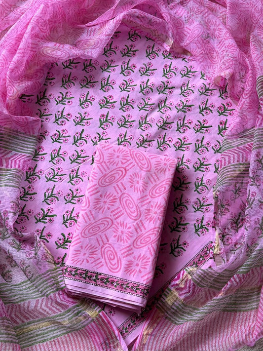 DESIGNER HAND BLOCK PRINT COTTON SUIT SET WITH KOTA DORIA DUPATTA (WAKOTMU11)