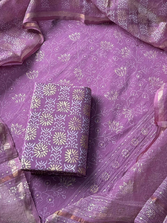 DESIGNER HAND BLOCK PRINT COTTON SUIT SET WITH KOTA DORIA DUPATTA (WAKOTMU13)