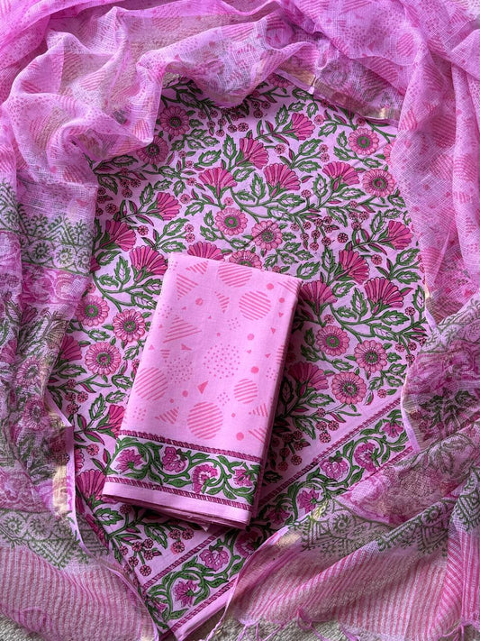 DESIGNER HAND BLOCK PRINT COTTON SUIT SET WITH KOTA DORIA DUPATTA (WAKOTMU14)