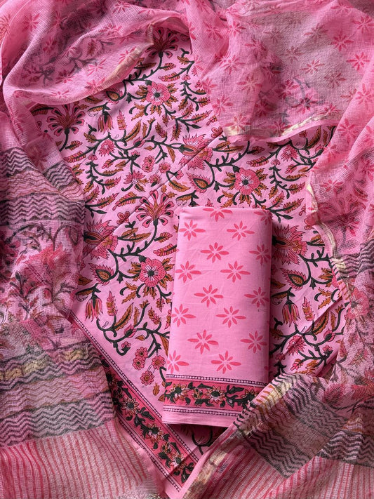 DESIGNER HAND BLOCK PRINT COTTON SUIT SET WITH KOTA DORIA DUPATTA (WAKOTMU16)