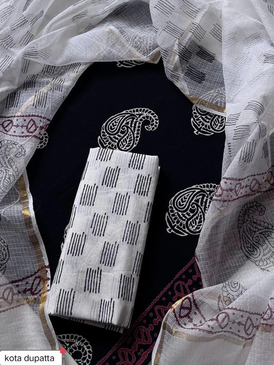 Suits Wala Hand Block Print Cotton Suit Set with Kota Doria Dupatta (WAKOTMU18)