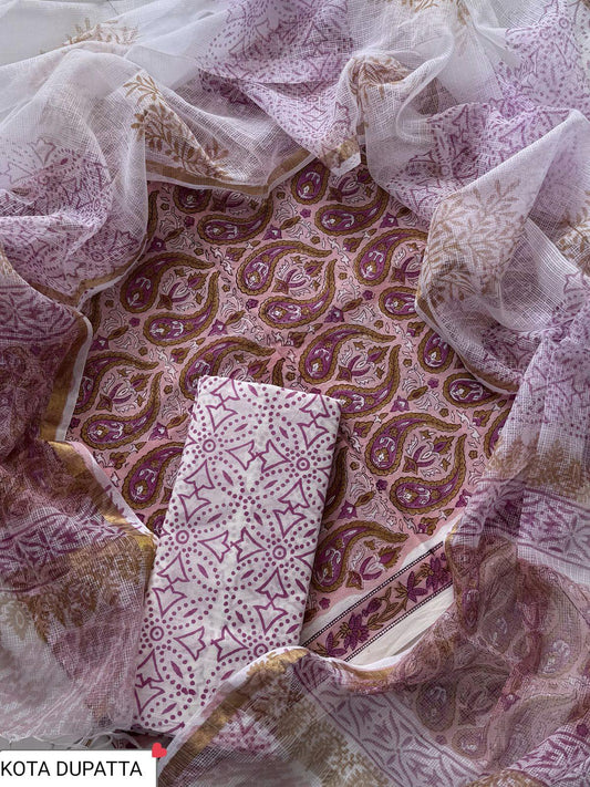 Suits Wala Hand Block Print Cotton Suit Set with Kota Doria Dupatta (WAKOTMU19