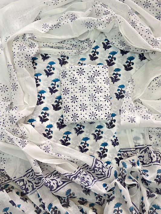 ELEGANT HAND BLOCK PRINT COTTON SUIT SET WITH MULMUL DUPATTA(WACOTMU05)