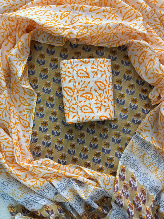 ELEGANT HAND BLOCK PRINT COTTON SUIT SET WITH MULMUL DUPATTA(WACOTMU07)