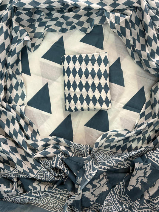 ELEGANT HAND BLOCK PRINT COTTON SUIT SET WITH MULMUL DUPATTA(WACOTMU11)