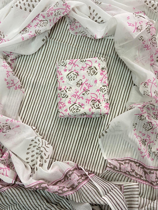 ELEGANT HAND BLOCK PRINT COTTON SUIT SET WITH MULMUL DUPATTA(WACOTMU14)