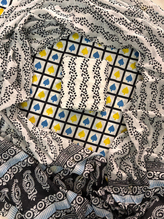 ELEGANT HAND BLOCK PRINT COTTON SUIT SET WITH MULMUL DUPATTA(WACOTMU22)