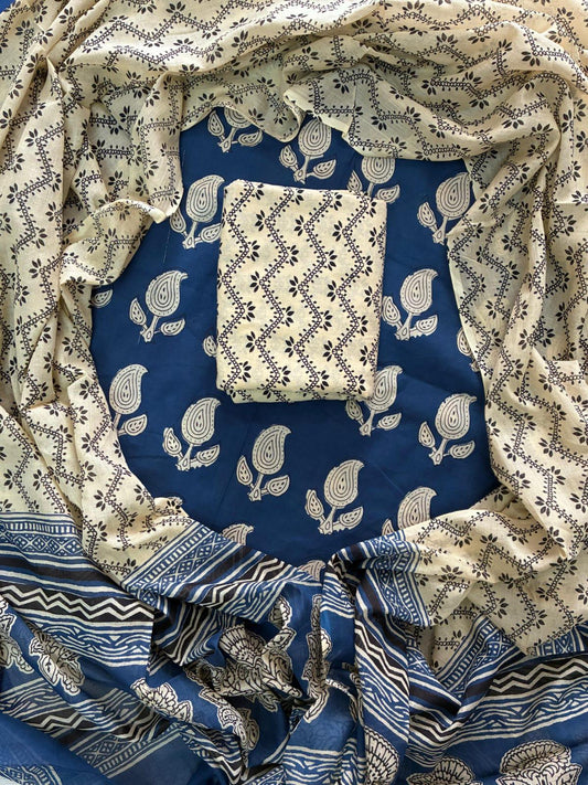 ELEGANT HAND BLOCK PRINT COTTON SUIT SET WITH MULMUL DUPATTA(WACOTMU25)