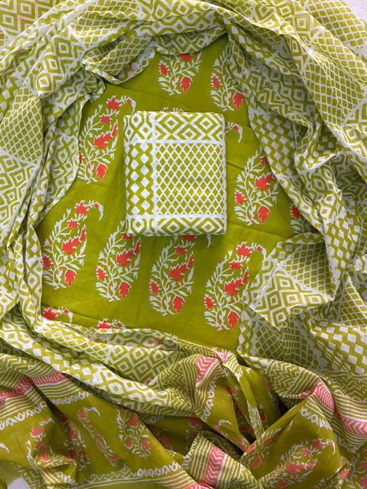 ELEGANT HAND BLOCK PRINT COTTON SUIT SET WITH MULMUL DUPATTA(WACOTMU27)