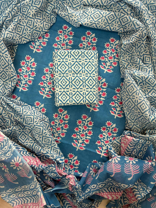ELEGANT HAND BLOCK PRINT COTTON SUIT SET WITH MULMUL DUPATTA(WACOTMU29)