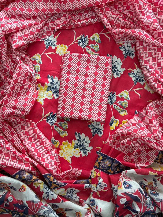 ELEGANT HAND BLOCK PRINT COTTON SUIT SET WITH MULMUL DUPATTA(WACOTMU30)