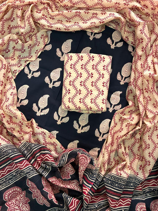 ELEGANT HAND BLOCK PRINT COTTON SUIT SET WITH MULMUL DUPATTA(WACOTMU31)
