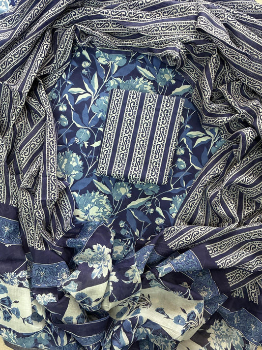 ELEGANT HAND BLOCK PRINT COTTON SUIT SET WITH MULMUL DUPATTA(WACOTMU32)