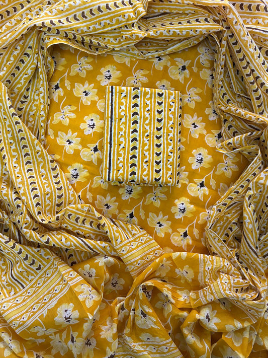 ELEGANT HAND BLOCK PRINT COTTON SUIT SET WITH MULMUL DUPATTA(WACOTMU33)