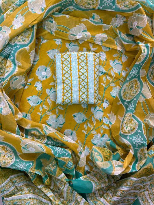 ELEGANT HAND BLOCK PRINT COTTON SUIT SET WITH MULMUL DUPATTA(WACOTMU35)