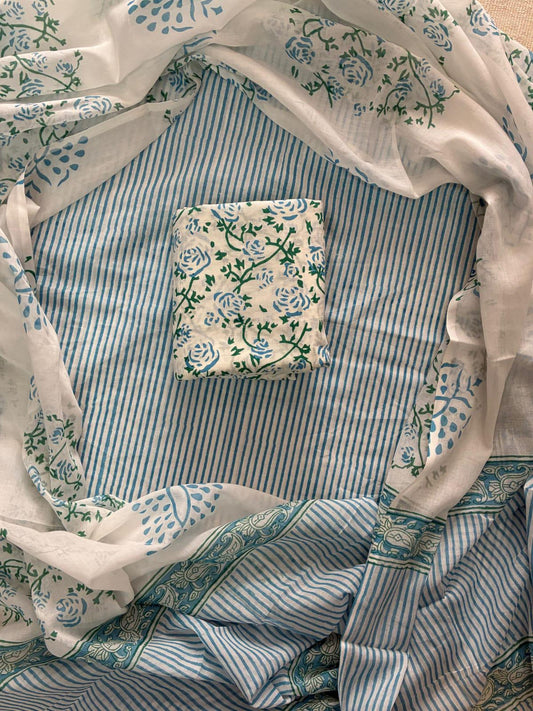 ELEGANT HAND BLOCK PRINT COTTON SUIT SET WITH MULMUL DUPATTA(WACOTMU41)
