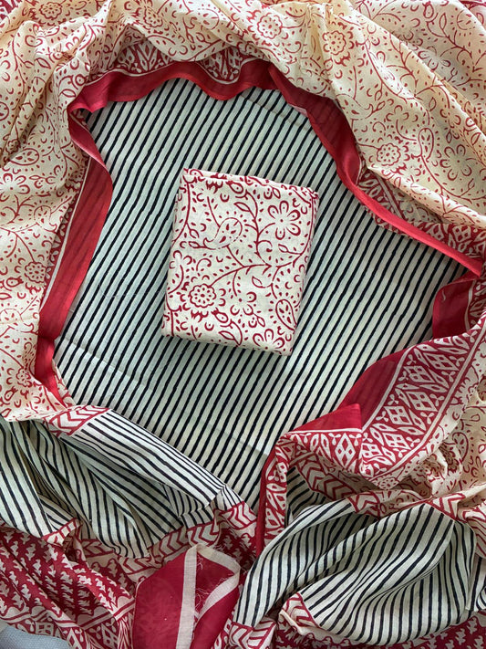 ELEGANT HAND BLOCK PRINT COTTON SUIT SET WITH MULMUL DUPATTA(WACOTMU44)