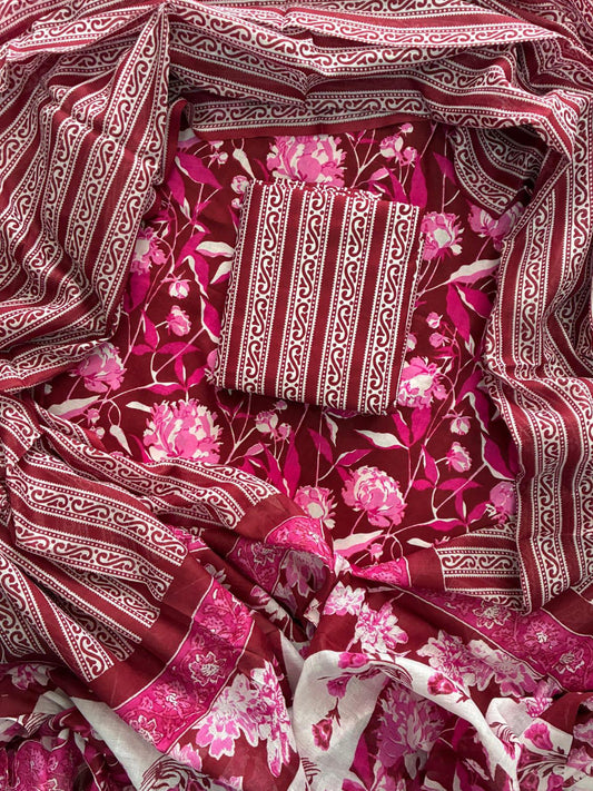 ELEGANT HAND BLOCK PRINT COTTON SUIT SET WITH MULMUL DUPATTA(WACOTMU45)
