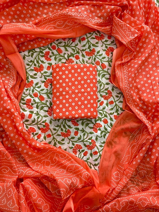ELEGANT HAND BLOCK PRINT COTTON SUIT SET WITH MULMUL DUPATTA(WACOTMU48)