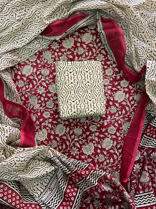 HAND BLOCK PRINT COTTON SUIT SET WITH MULMUL DUPATTA(WACOTMU88)