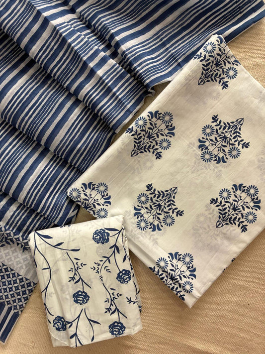 Designer Hand Block Print Cotton Suit Set with Mulmul Dupatta(WACOTMU105)