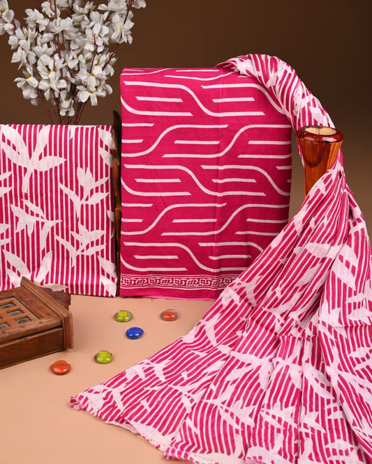 Designer Hand Block Print Cotton Suit Set with Mulmul Dupatta(WACOTMU156)