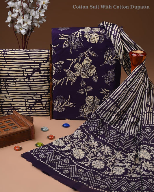 Designer Hand Block Print Cotton Suit Set with Mulmul Dupatta(WACOTMU157)