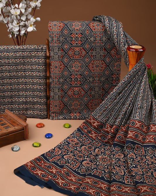 Designer Hand Block Print Cotton Suit Set with Mulmul Dupatta(WACOTMU158)