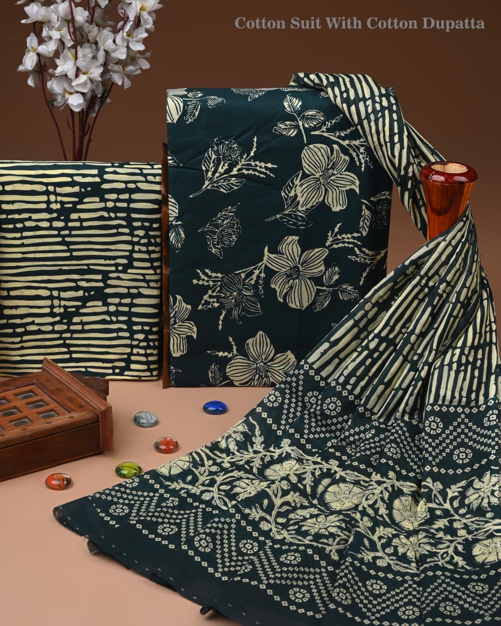 Designer Hand Block Print Cotton Suit Set with Mulmul Dupatta(WACOTMU159)