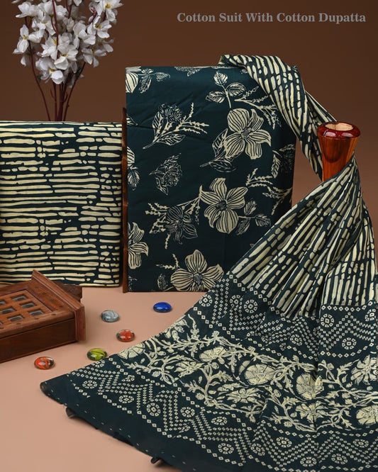 Designer Hand Block Print Cotton Suit Set with Mulmul Dupatta(WACOTMU159)