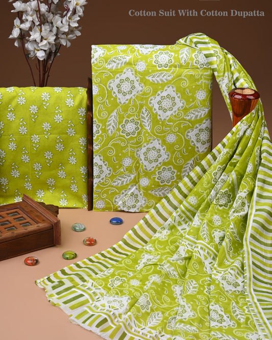 Designer Hand Block Print Cotton Suit Set with Mulmul Dupatta(WACOTMU160)