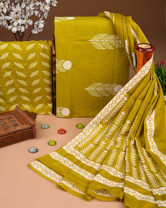 Designer Hand Block Print Cotton Suit Set with Mulmul Dupatta(WACOTMU161)