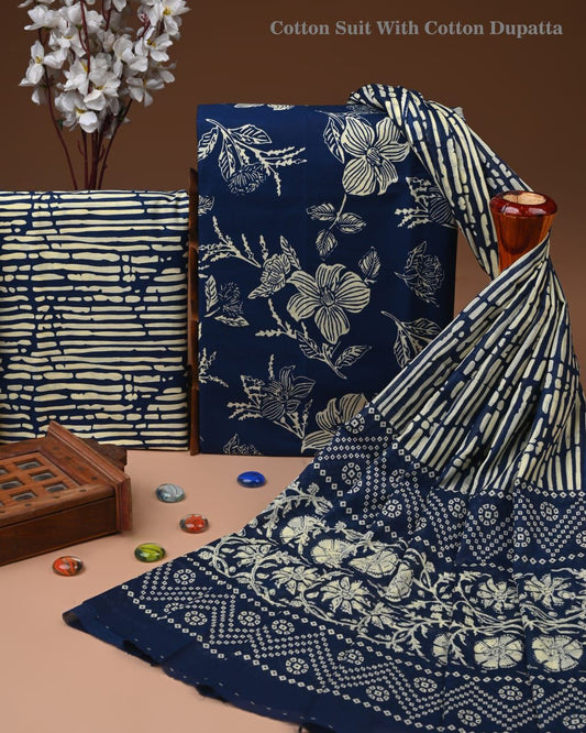 Designer Hand Block Print Cotton Suit Set with Mulmul Dupatta(WACOTMU163)
