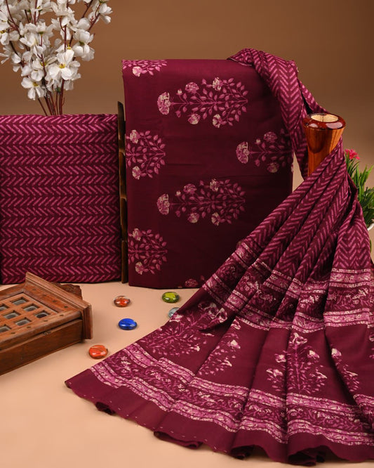 Designer Hand Block Print Cotton Suit Set with Mulmul Dupatta(WACOTMU165)