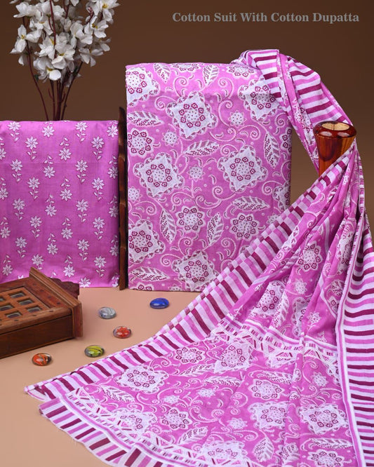 Designer Hand Block Print Cotton Suit Set with Mulmul Dupatta(WACOTMU167)