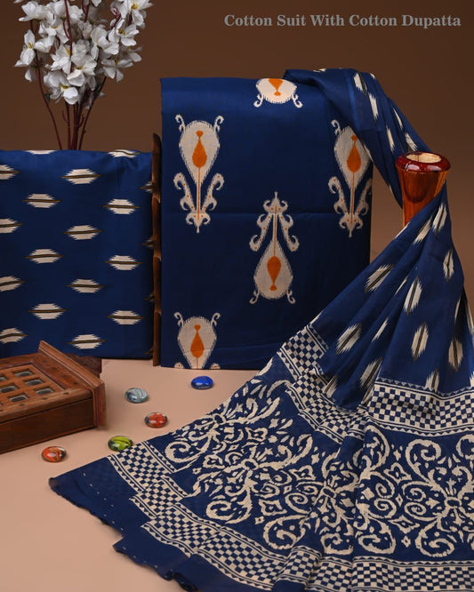 Designer Hand Block Print Cotton Suit Set with Mulmul Dupatta(WACOTMU168)