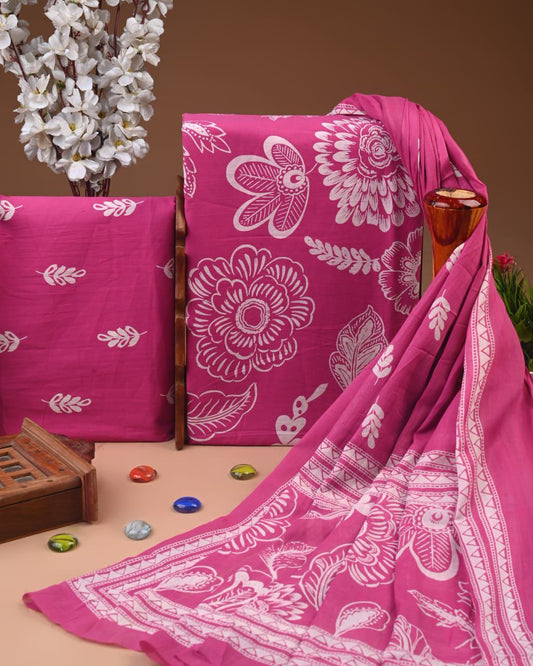 Designer Hand Block Print Cotton Suit Set with Mulmul Dupatta(WACOTMU169)
