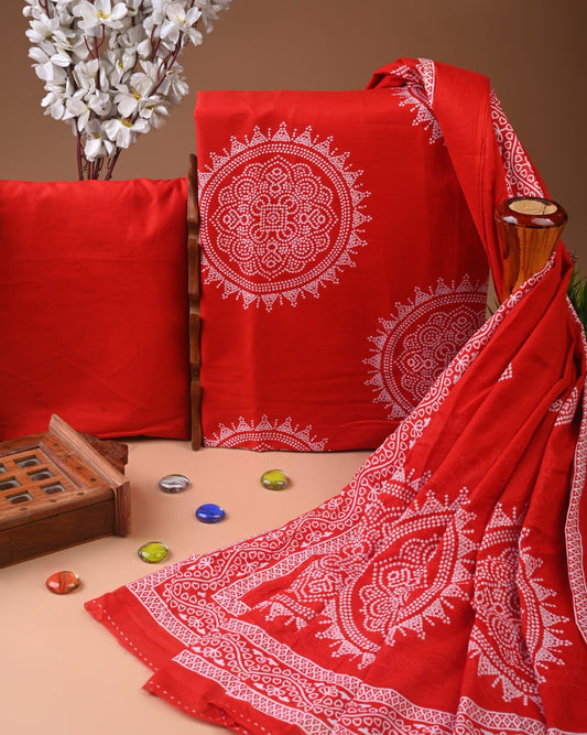 Designer Hand Block Print Cotton Suit Set with Mulmul Dupatta(WACOTMU170)