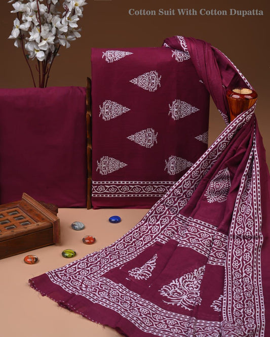 Designer Hand Block Print Cotton Suit Set with Mulmul Dupatta(WACOTMU171)