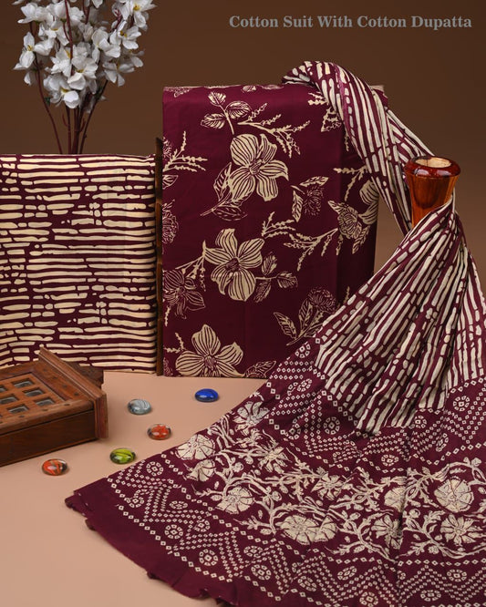 Designer Hand Block Print Cotton Suit Set with Mulmul Dupatta(WACOTMU172)