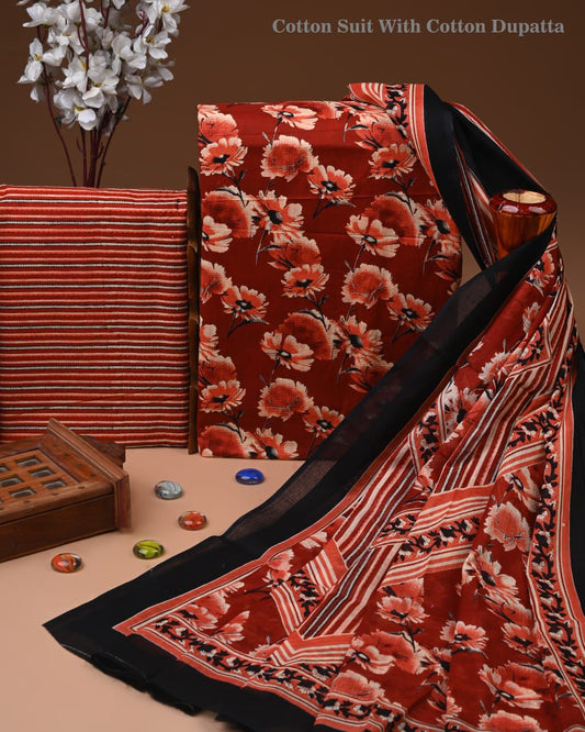 Designer Hand Block Print Cotton Suit Set with Mulmul Dupatta(WACOTMU173)